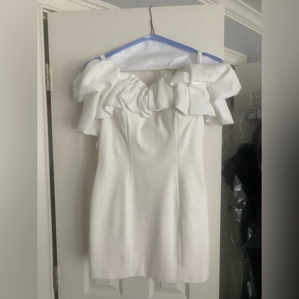 Sherri Hill off the shoulder white mini dress.